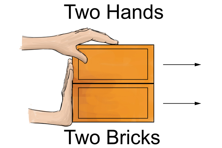 Two hands pushing two bricks.